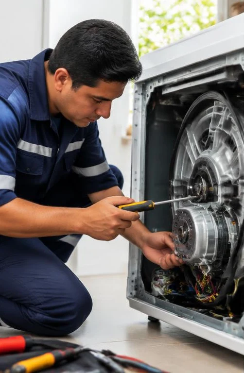 Técnico revisando el motor de una lavadora